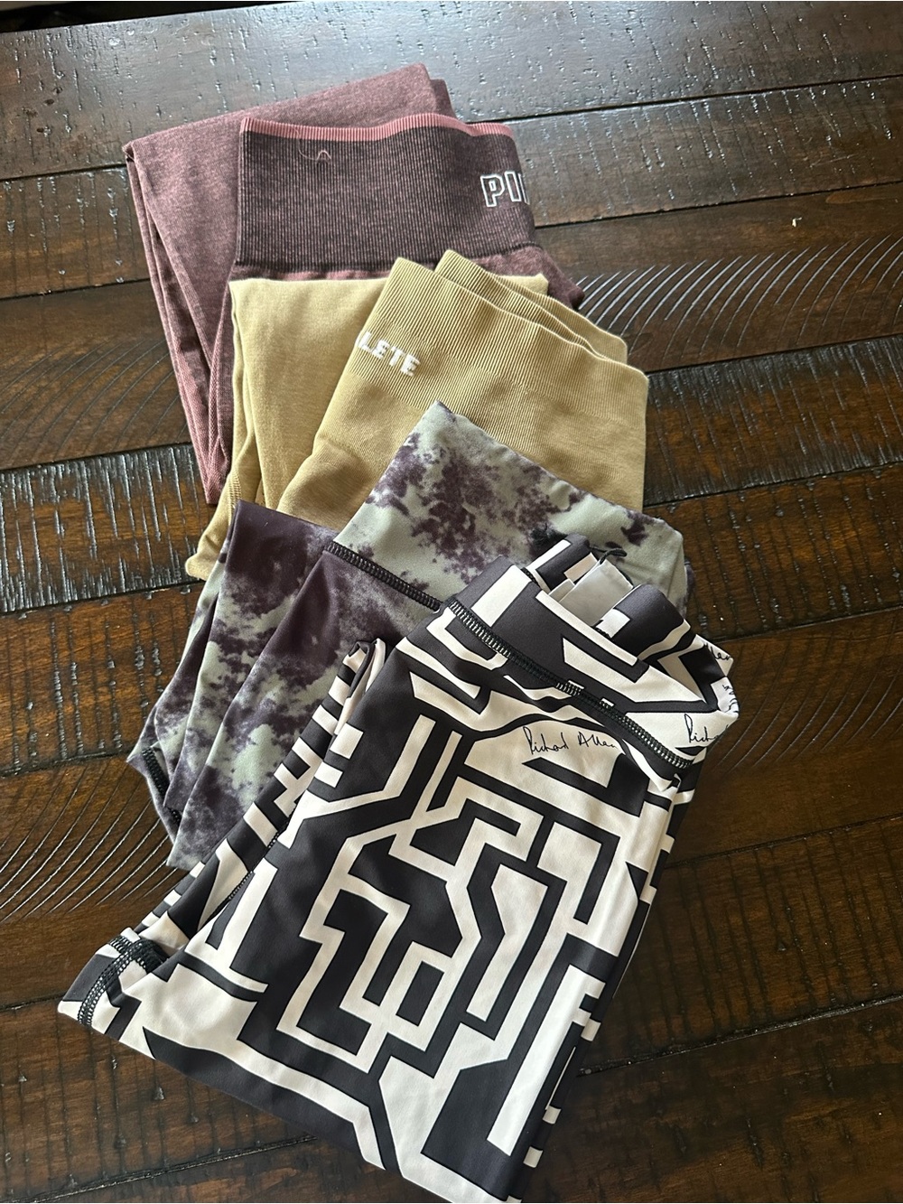 4-pair leggings including brands: Alphalete, PINK, PLT and H&M